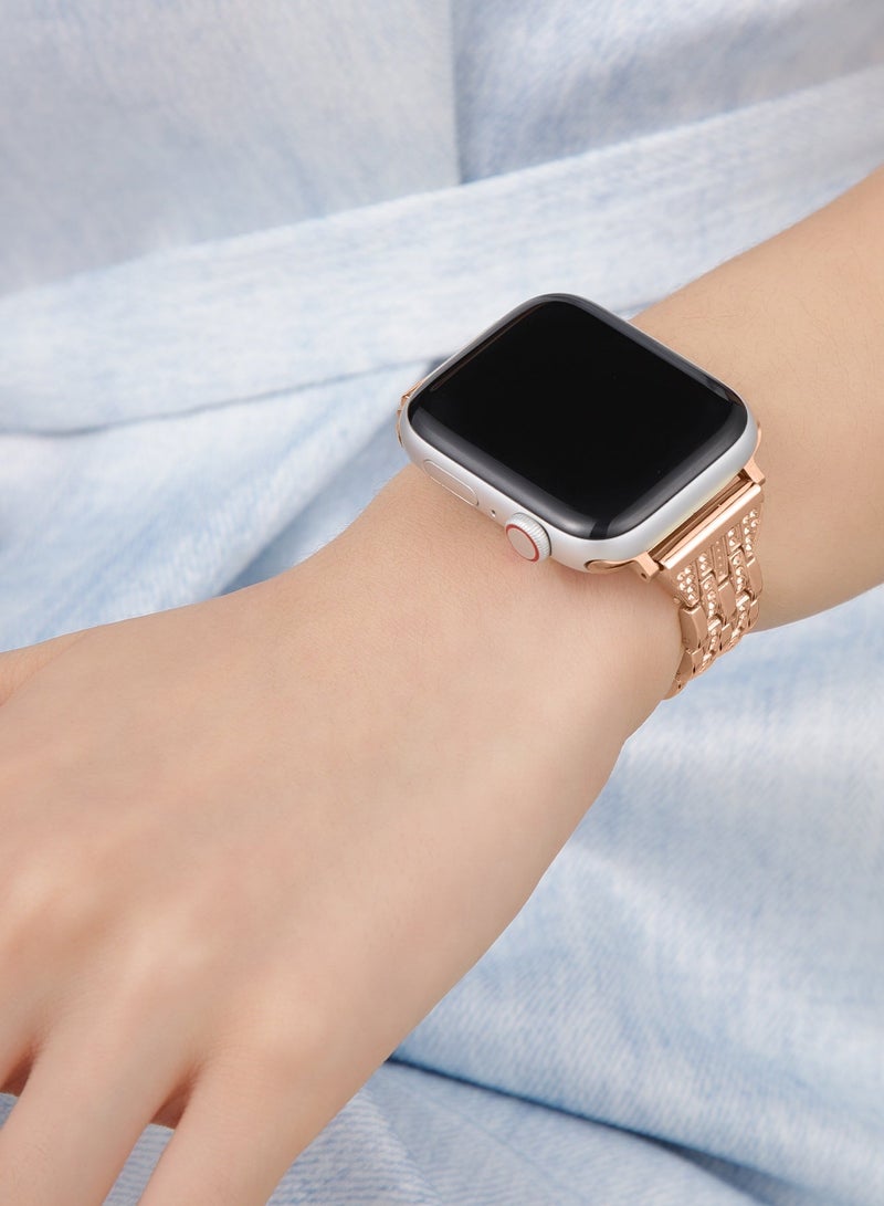 شريط ساعة آبل الفاخر من الفولاذ المعدني باللون الذهبي الوردي المزين بالكريستال 42مم/44مم/45مم/49مم – شريط براسليت مُلمع مزين بالكريستال الطبيعي، بديل أنيق قابل للتعديل - Image 3